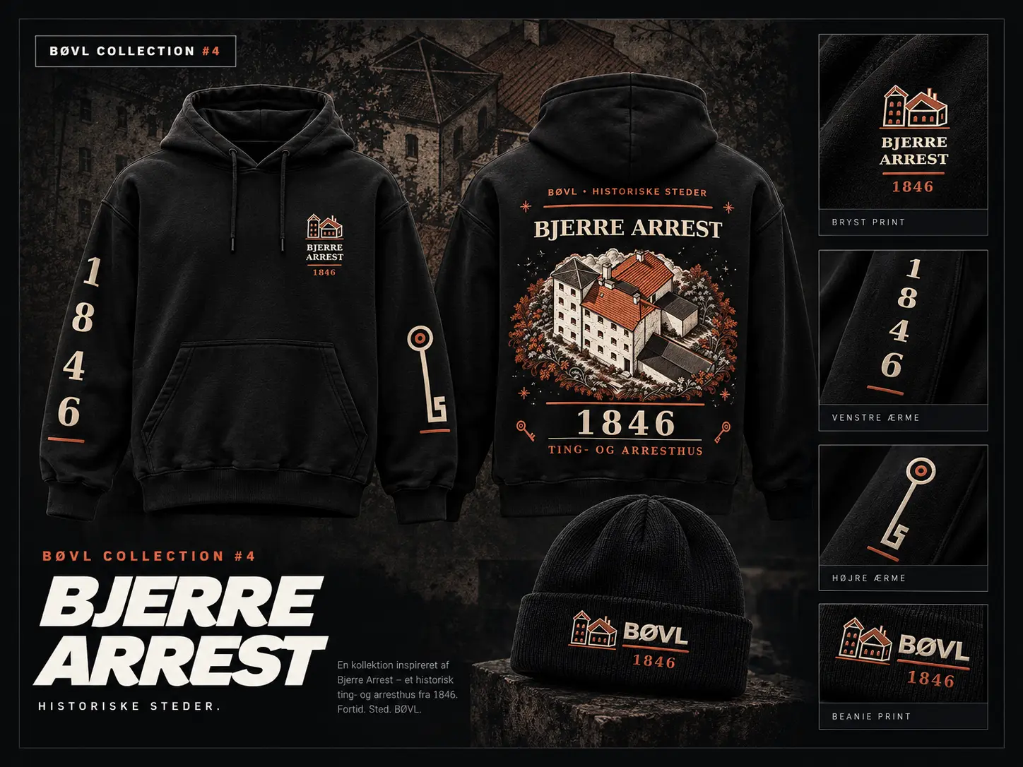 Produktvisualisering af hoodie, hue og trykdetaljer til BØVL-kollektionen BJERRE ARREST